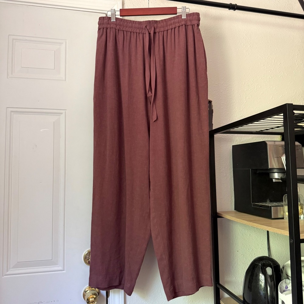 POETRY rust rose clay linen barrel balloon wide leg pull on cropped pants